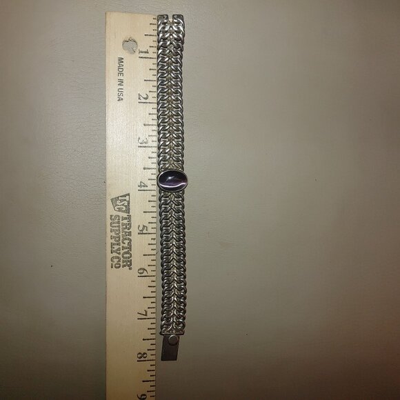 Sterling Silver Mexico Bracelet Simulated Purple Cats Eye Gemstone 925 Jewelry - Picture 9 of 16